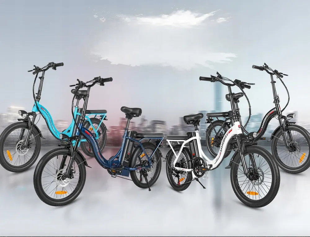 Samebike CY20 blue electric folding bike in original packaging box