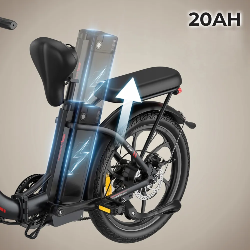 Fafrees F20+ folding e-bike in red, step-through design, 250W motor.