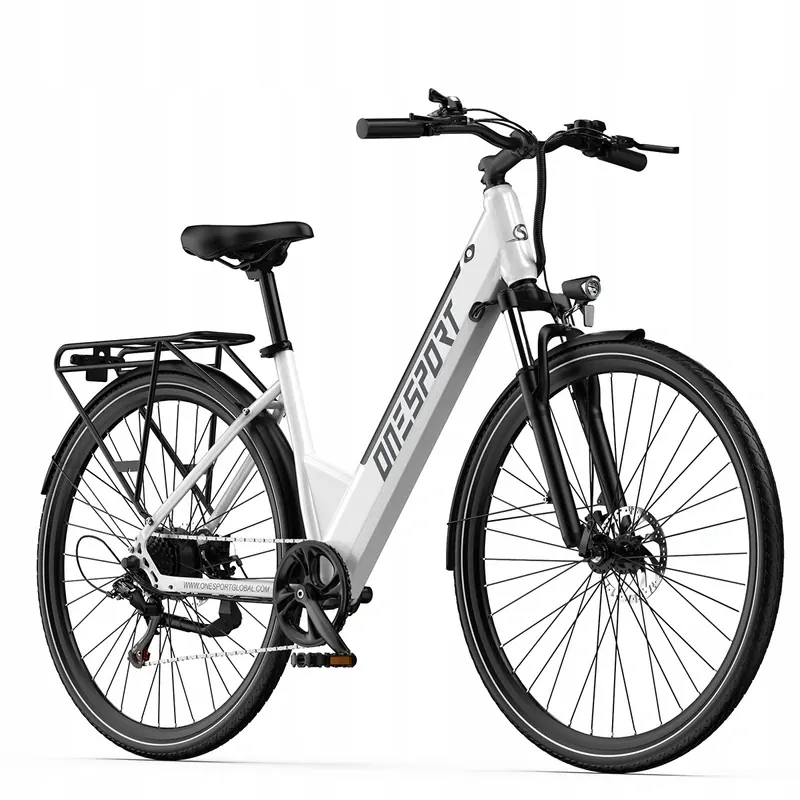 ONESPORT OT12 white electric bike side view showing battery and motor