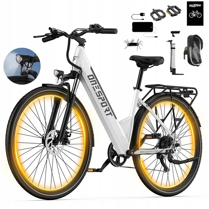ONESPORT OT12 partially assembled white electric bike with adjusted components