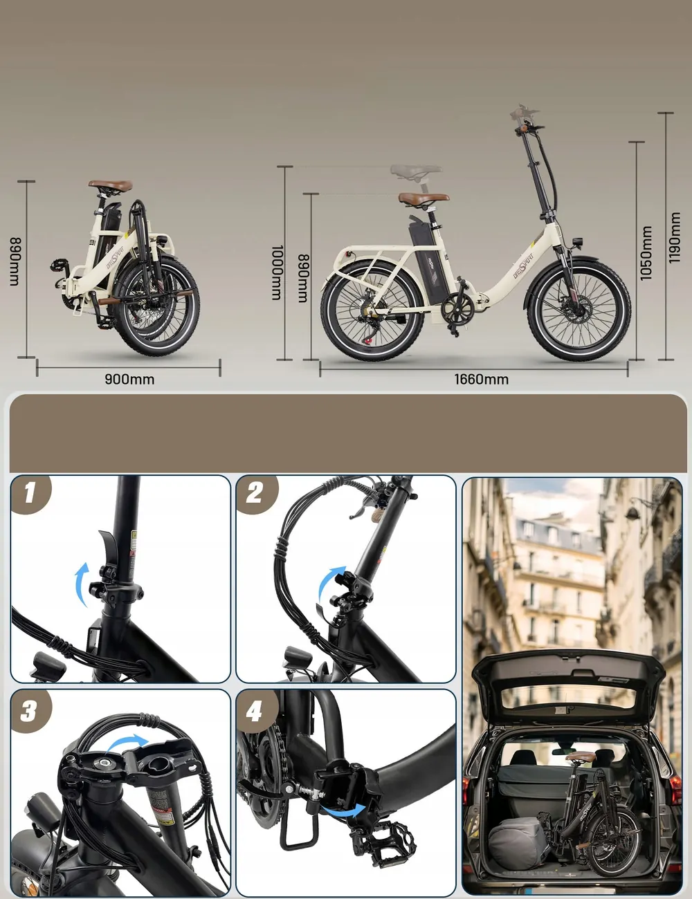 Steel frame of ONESPORT OT16-2 folding electric bike with 20x3.0 tires